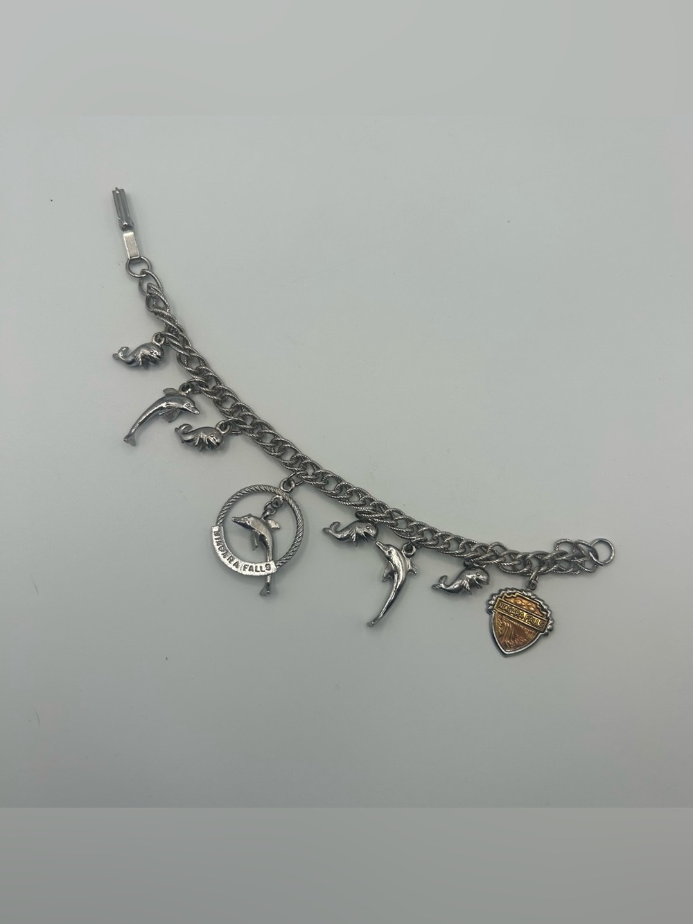 VTG Niagara Falls Aquarium Charm Bracelet Dolphin Whale Souvenir Silver Tone 7”